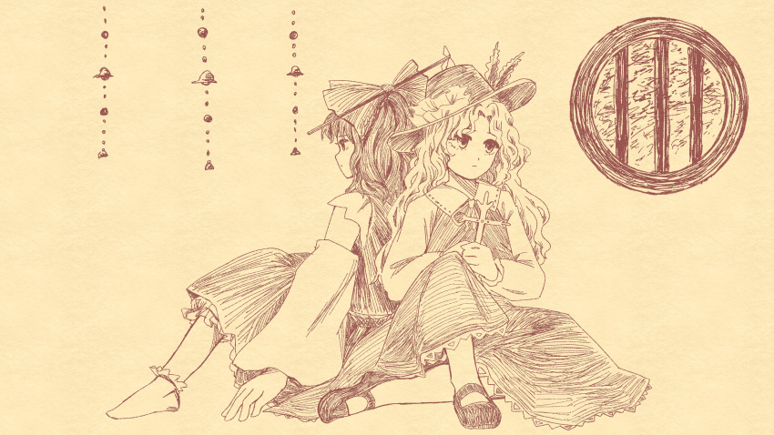 2girls, absurdres, bobby_socks, chisa_yasunaga, commentary_request, cross, dolls_in_pseudo_paradise, fedora, hat, highres, holding, holding_cross, jacket_girl_(dipp), label_girl_(dipp), long_hair, long_sleeves, looking_away, mary_janes, medium_hair, multiple_girls, no_shoes, round_window, shoes, sitting, sketch, skirt, socks, touhou, traditional_media, very_long_hair, vest, wavy_hair, wide_sleeves, window