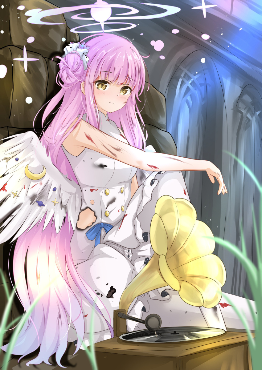 1girl, absurdres, angel_wings, arm_on_knee, blue_archive, burnt_clothes, commentary_request, dress