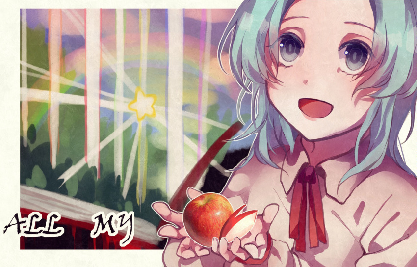 1girl, :d, apple, apple_bunny, blue_hair, chinese_commentary, collared_shirt, commentary_request