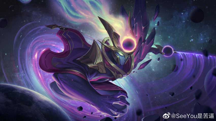 1boy, alternate_costume, armor, artist_name, capelet, colored_skin, dark_cosmic_(league_of_legends), english_commentary