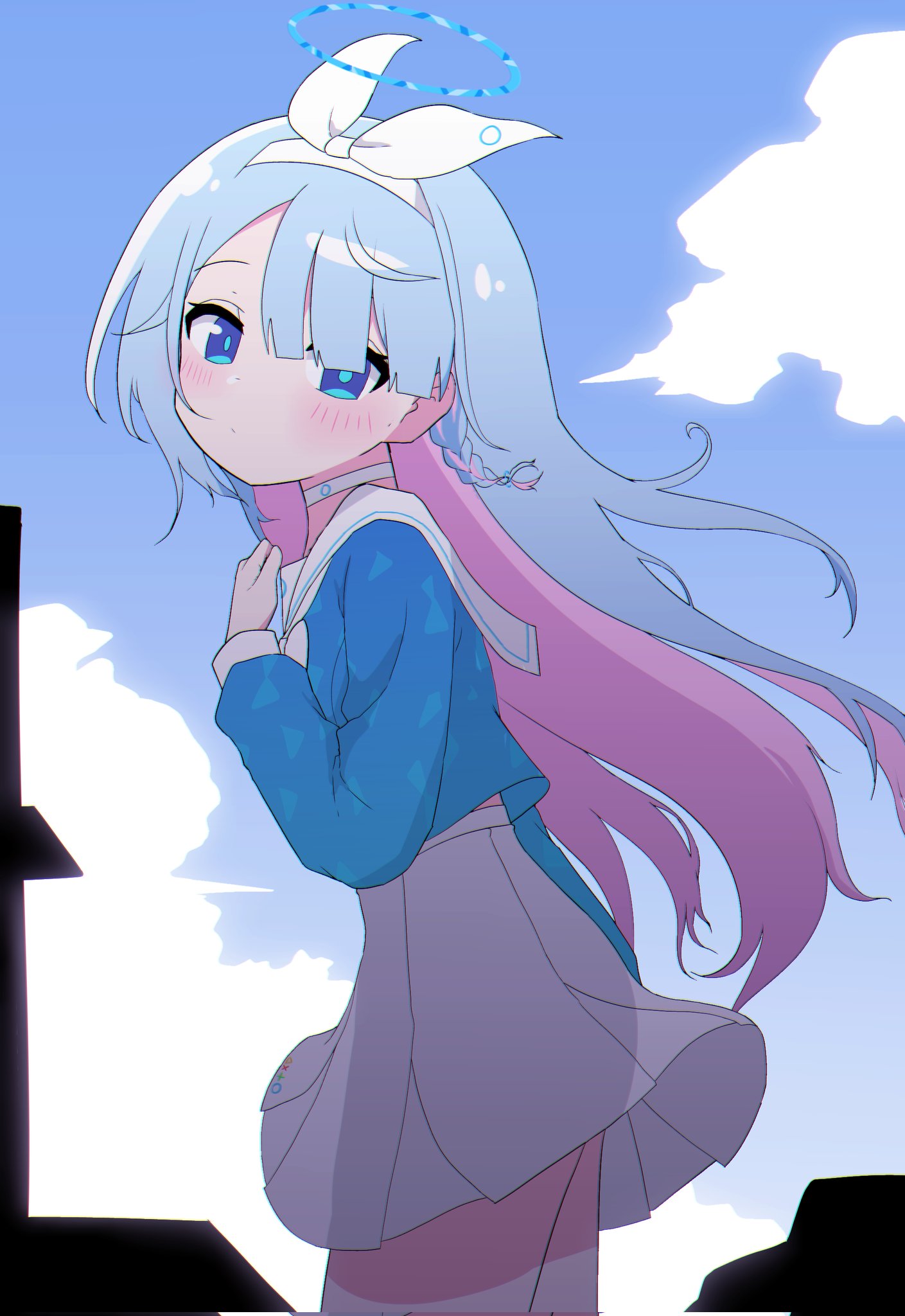 1girl, alternate_hair_length, alternate_hairstyle, arona_(blue_archive), blue_archive, blue_eyes, blue_hair, blue_sky
