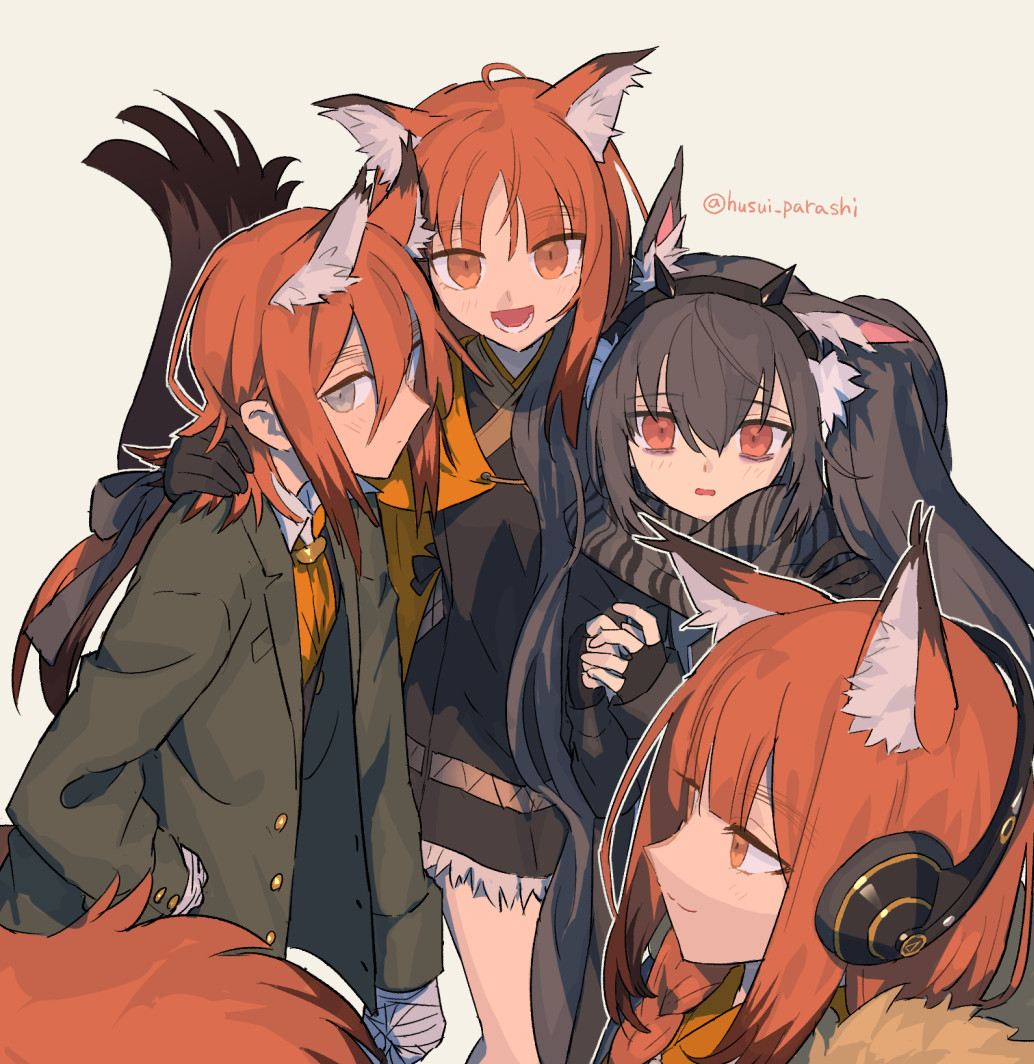 1boy, 3girls, animal_ears, arknights, arm_around_shoulder, black_dress, black_gloves, black_scarf