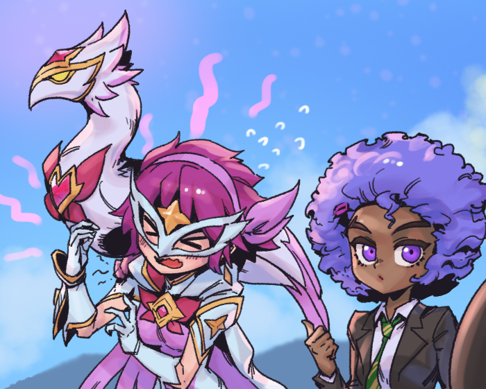 2girls, afro, animal_on_shoulder, bangs, bird, blue_background, bow, bowtie