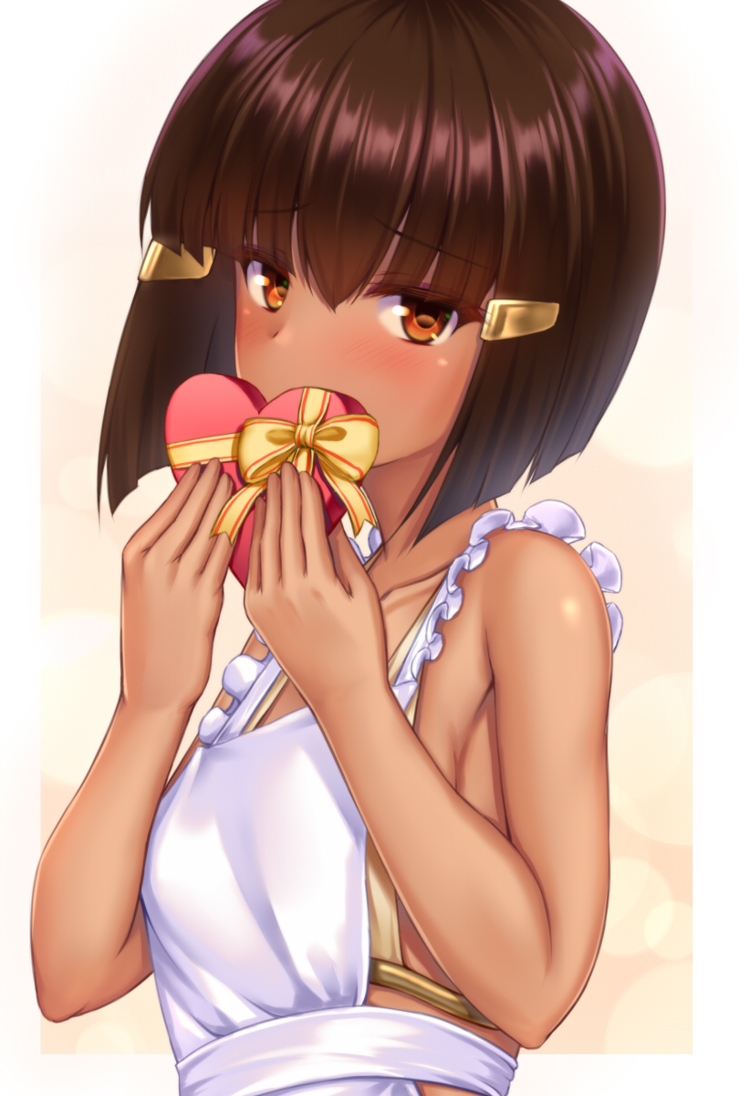 1girl, apron, assal_(sennen_sensou_aigis), bangs, bikini, blunt_bangs, blush, box