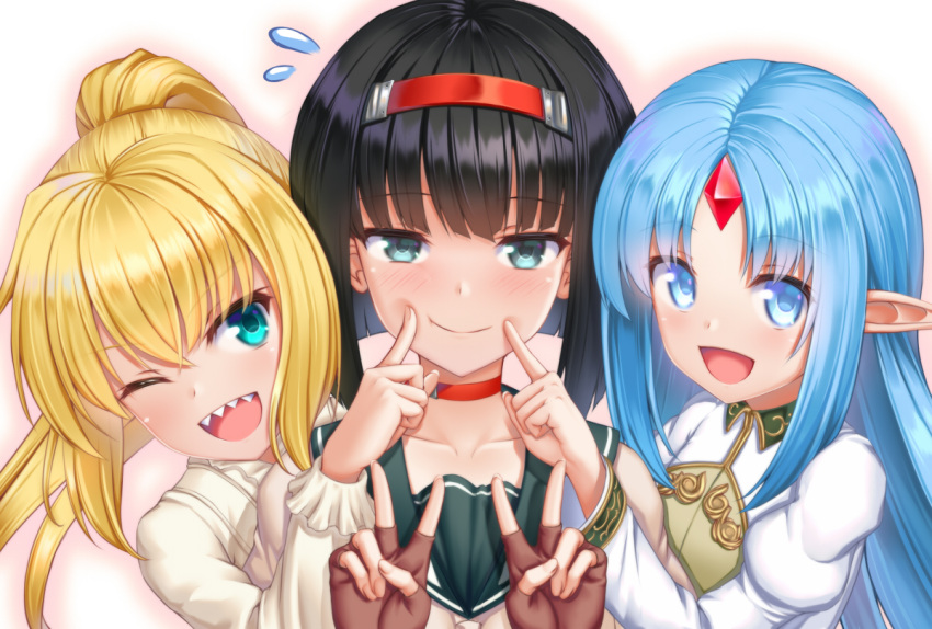 3girls, aqua_eyes, bangs, black_hair, blonde_hair, blue_eyes, blue_hair, blunt_bangs, blush, choker, double_v, fingersmile, flying_sweatdrops, forehead_jewel, headband, multiple_girls, nagi_su_ragarl, one_eye_closed, open_mouth, pointy_ears, ponytail, rance_(series), rance_10, reset_kalar, school_uniform, serafuku, sharp_teeth, side-by-side, simple_background, smile, teeth, tsuboyarou, v, yuzuhara_yuzumi
