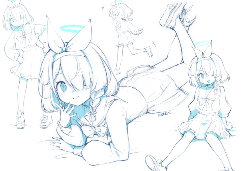 >_<, 1girl, :d, arona_(blue_archive), bangs, blue_archive, blush, bow_hairband