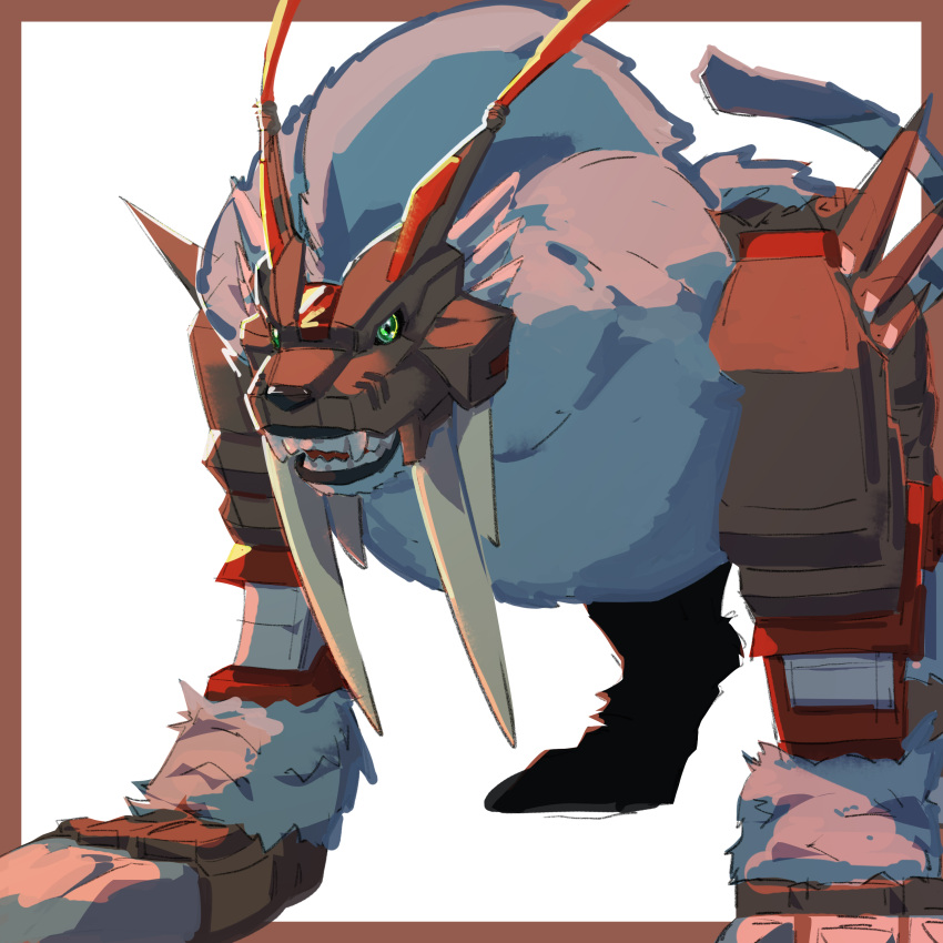 absurdres, armor, border, brown_border, digimon, digimon_(creature), dinotigermon, green_eyes, helmet, highres, kaiju_(konokaijuda), looking_at_viewer, no_humans, sharp_teeth, standing, tail, teeth, white_background