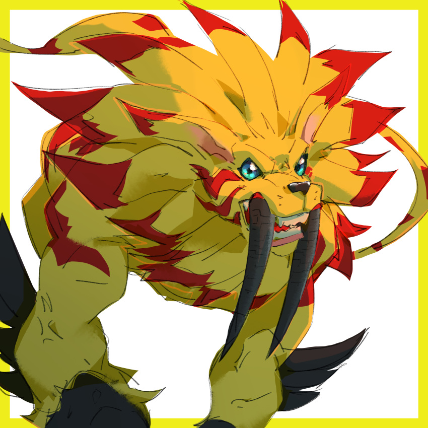 absurdres, border, colored_skin, digimon, digimon_(creature), fangs, green_eyes, highres