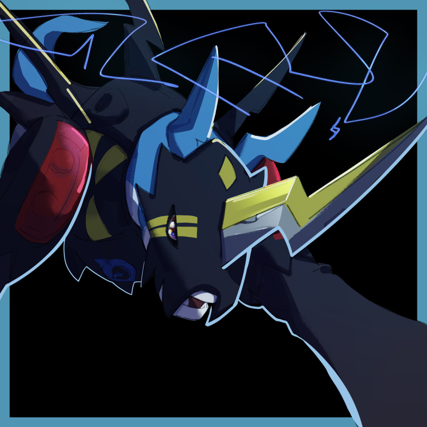 absurdres, armor, black_background, black_skin, blue_eyes, blue_skin, border, colored_skin