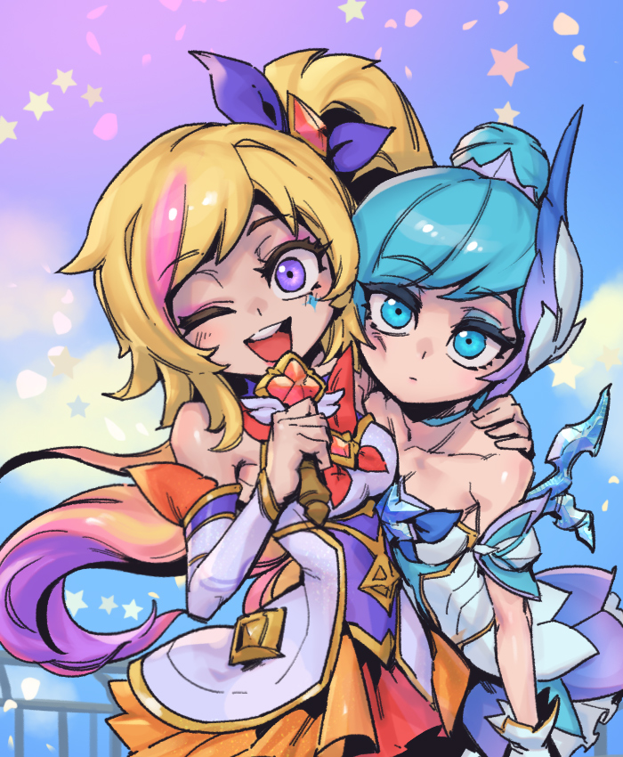 2girls, :d, bangs, bare_shoulders, blue_background, blue_choker, breasts, choker, collarbone, detached_sleeves, dress, expressionless, green_eyes, hair_bun, holding, holding_wand, league_of_legends, medium_breasts, multicolored_background, multiple_girls, one_eye_closed, orange_skirt, orianna_(league_of_legends), outdoors, phantom_ix_row, pink_background, pink_eyes, pleated_skirt, railing, seraphine_(league_of_legends), shiny, shiny_hair, skirt, smile, star_guardian_(league_of_legends), star_guardian_orianna, star_guardian_seraphine, wand, white_dress