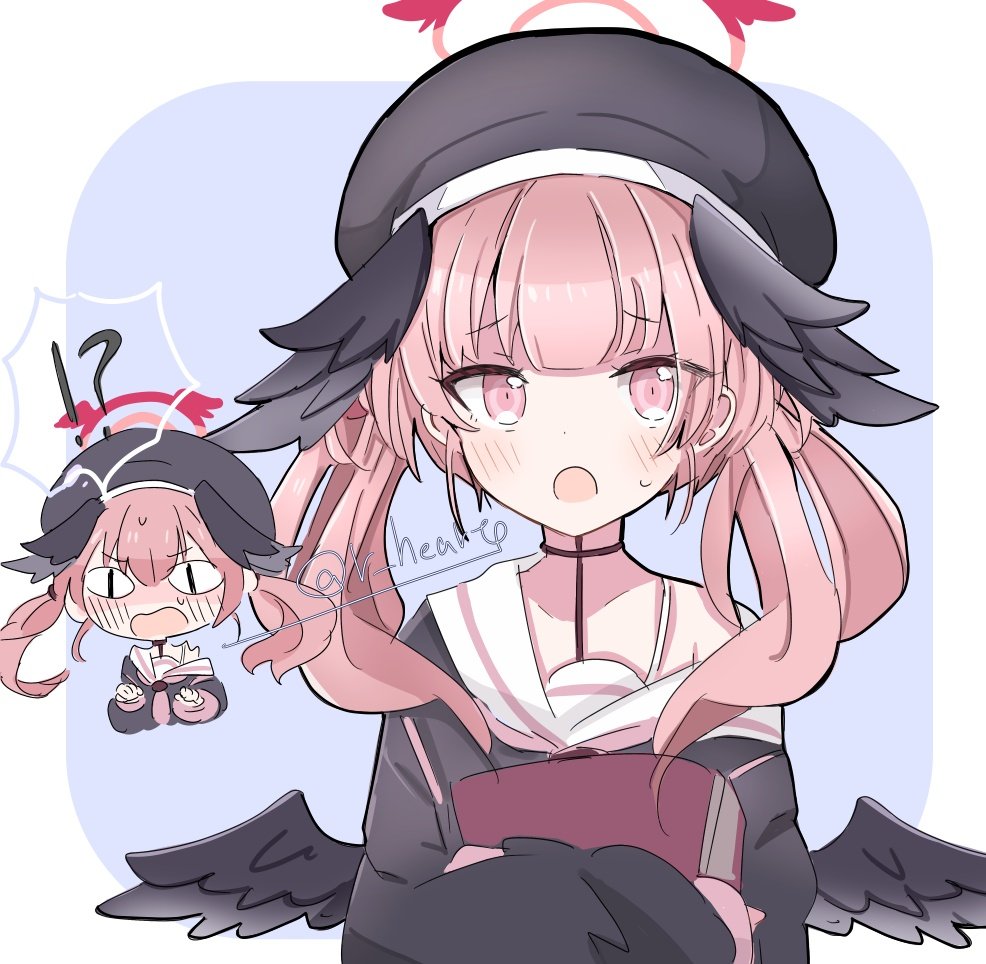!?, <|>_<|>, 1girl, azukimame, bangs, beret, black_headwear, black_wings