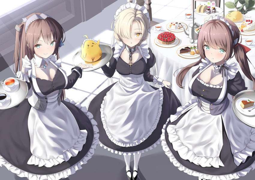 3girls, :o, absurdres, apron, aqua_eyes, azur_lane, bangs, black_dress