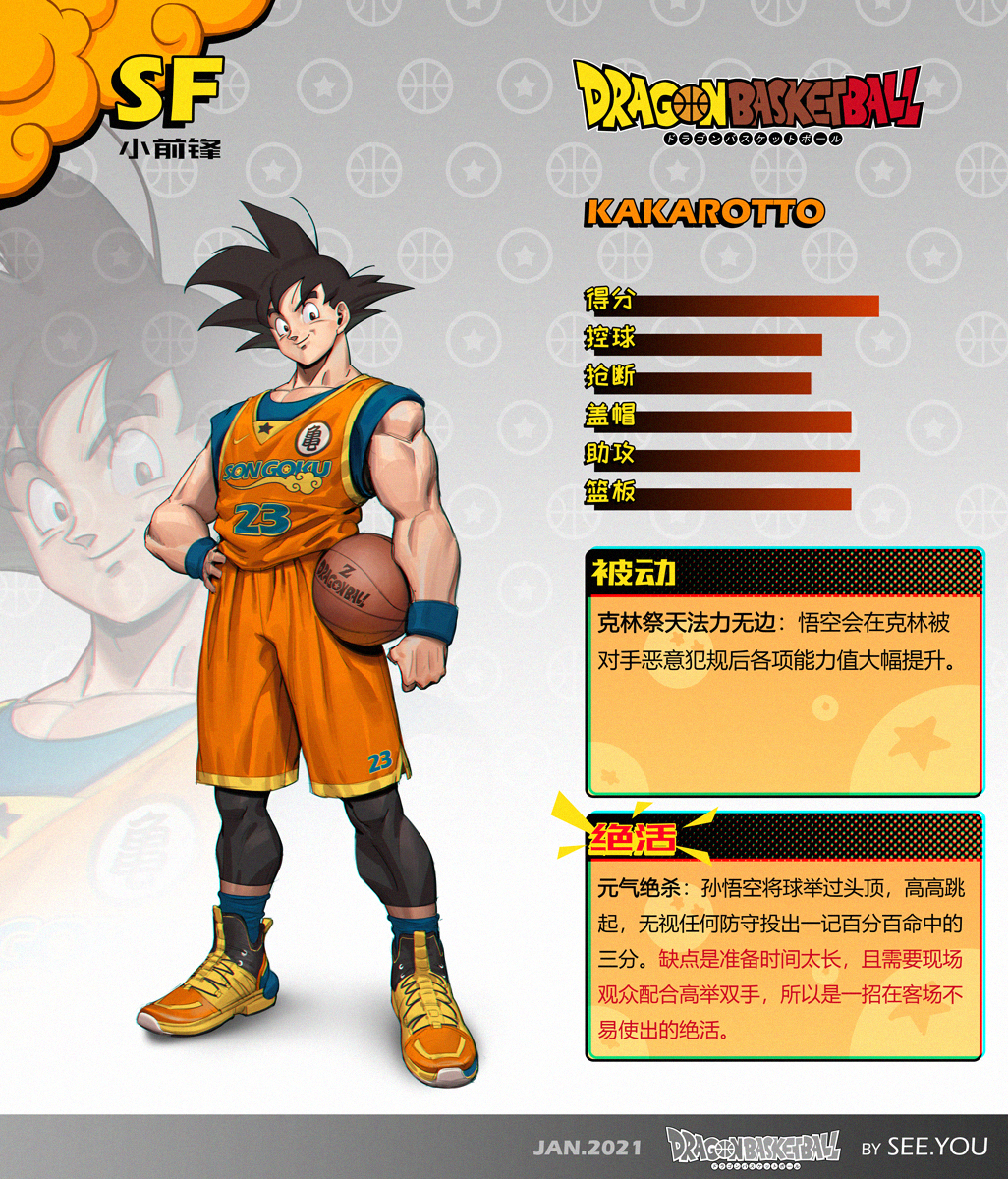 1boy, alternate_costume, bangs, bare_shoulders, basketball, basketball_uniform, black_hair, collarbone, copyright_name, dated, dragon_ball, full_body, gradient, gradient_background, grey_background, highres, looking_at_viewer, male_focus, muscular, muscular_male, orange_footwear, orange_shorts, orange_vest, see_you, shorts, smile, solo, son_goku, spiky_hair, sportswear, standing, translation_request, vest, wristband, zoom_layer