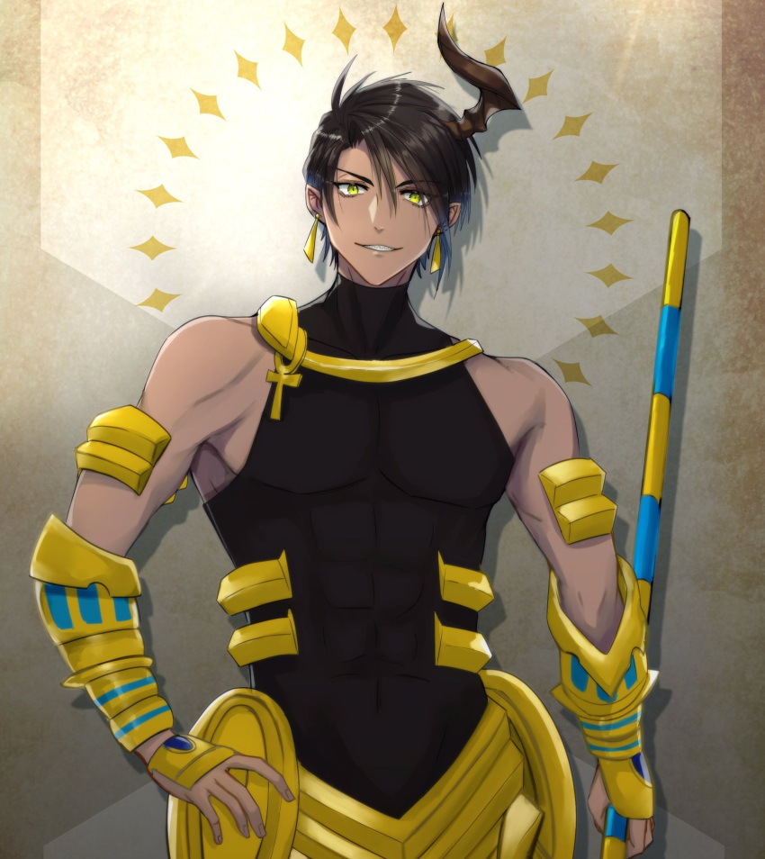 1boy, aragami_oga, arm_guards, armor, bangs, black_hair, black_shirt, cosplay