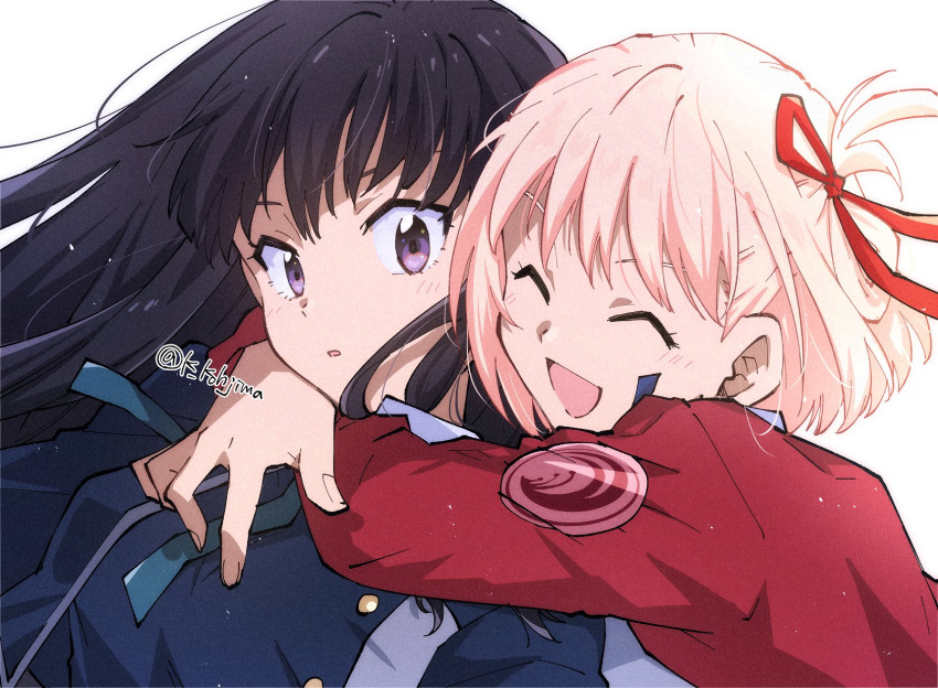 2girls, artist_name, bangs, black_hair, blonde_hair, blue_dress, blue_ribbon, bob_cut, closed_eyes, dress, hair_ribbon, highres, hug, hug_from_behind, inoue_takina, kazuto_kohjima, long_hair, lycoris_recoil, lycoris_uniform, multiple_girls, neck_ribbon, nishikigi_chisato, open_mouth, red_dress, red_ribbon, ribbon, short_hair, smile, twitter_username, upper_body, violet_eyes, watermark
