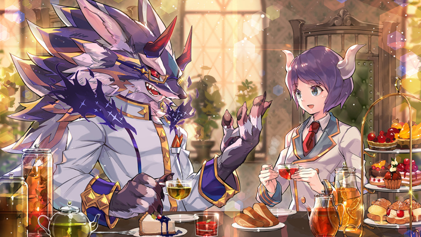 2boys, astaroth_(housamo), bael_(housamo), bangs, black_fire, blurry, blurry_background, cake