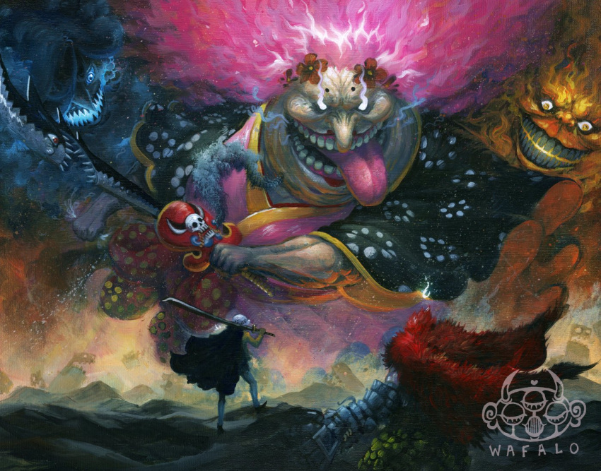 1girl, 2boys, artist_logo, cape, charlotte_linlin, clouds, crazy_smile, eustass_captain_kid