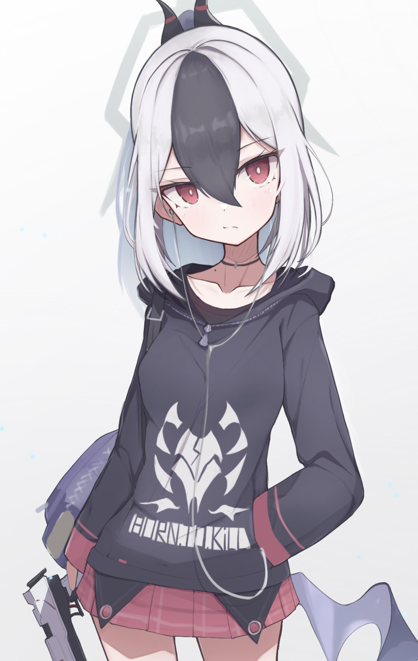 1girl, bangs, black_hoodie, blue_archive, bright_pupils, choker, collarbone, demon_horns
