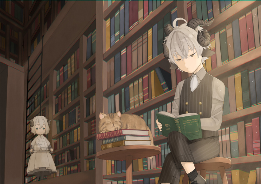 1boy, 1girl, ahoge, animal_ears, black_horns, black_pants, black_socks, black_vest