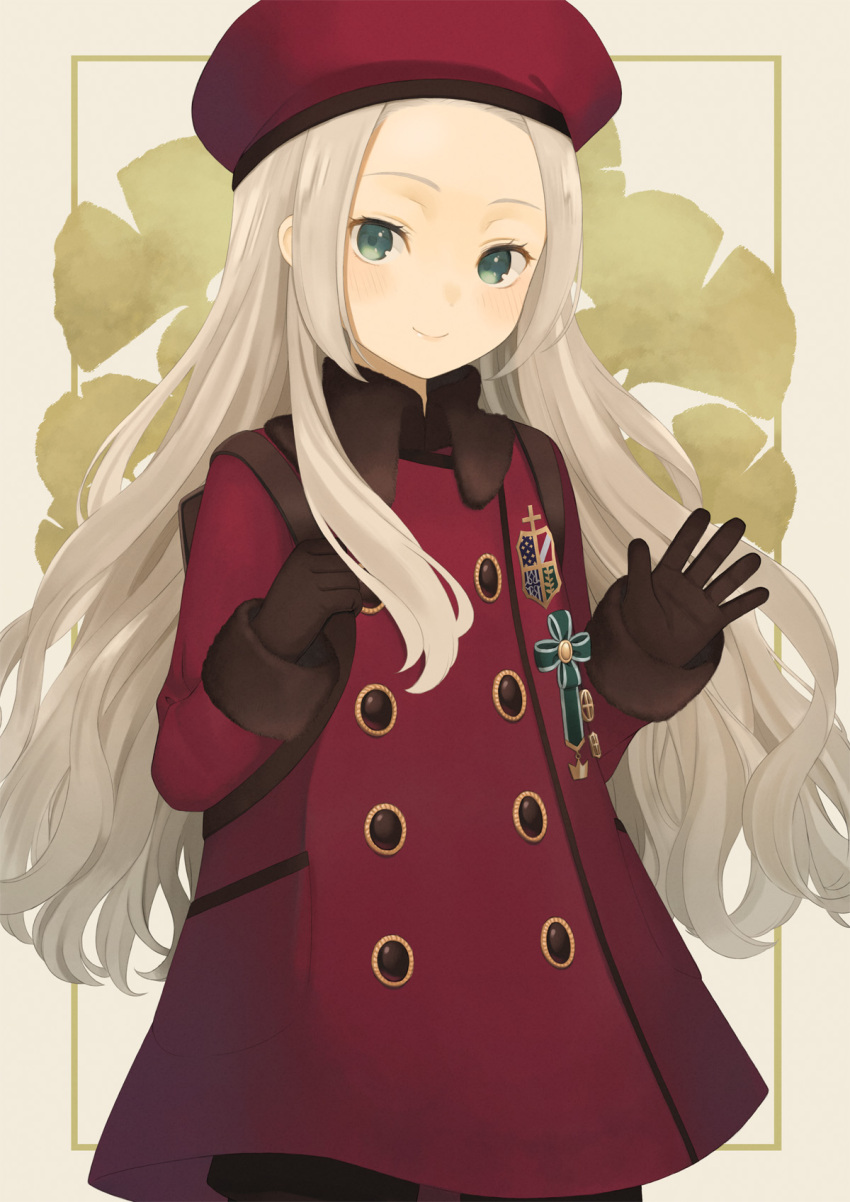 1girl, backpack, bag, brown_gloves, coat, ginkgo_leaf, gloves, green_eyes, highres, leaf, light_brown_hair, long_hair, long_sleeves, medal, original, original-orange-610917, red_coat, red_headwear, smile, solo
