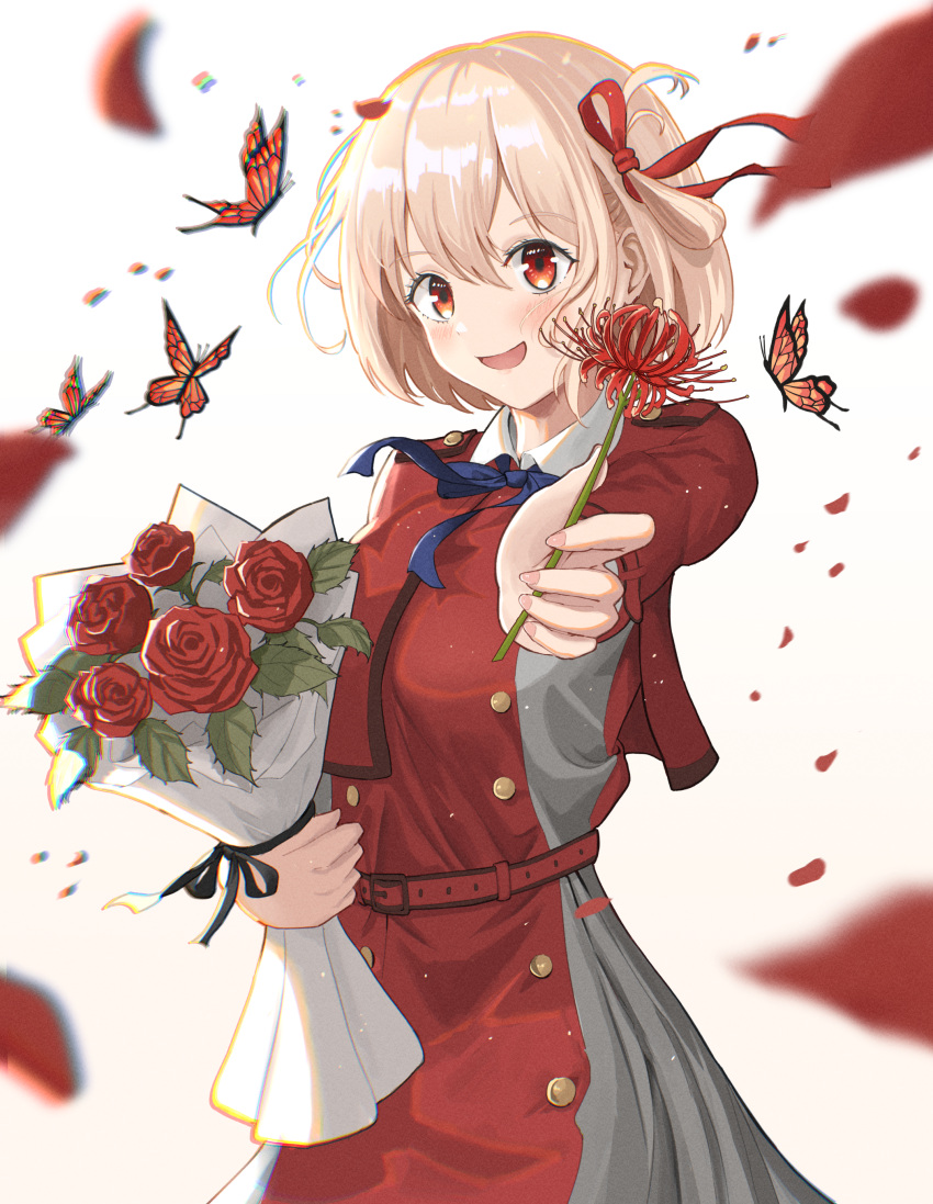 1girl, :d, absurdres, ayloss, belt, black_ribbon, blonde_hair, blue_ribbon