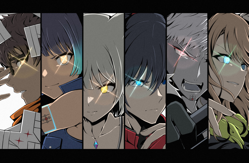 3boys, 3girls, adjusting_eyewear, black_hair, blue_eyes, blue_hair, brown_eyes, brown_hair