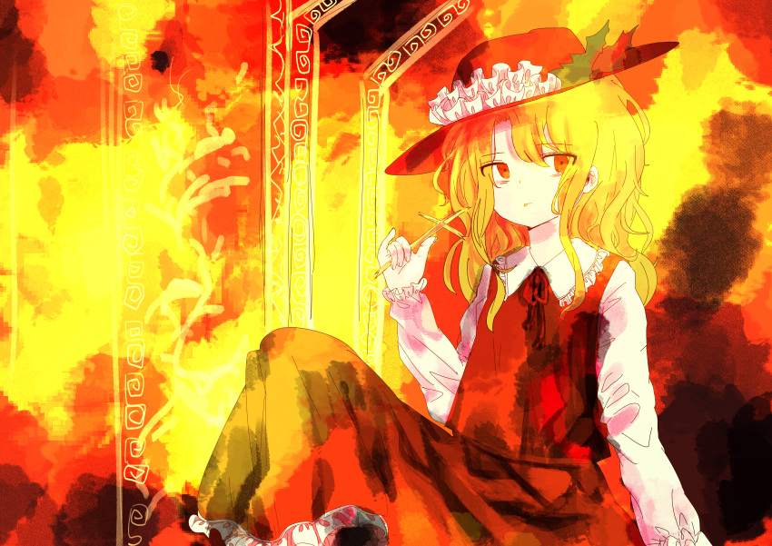 1girl, absurdres, ancient, brown_headwear, brown_skirt, brown_vest, collared_shirt, cross, dolls_in_pseudo_paradise, frilled_hat, frilled_skirt, frilled_sleeves, frills, hat, hat_feather, highres, holding, holding_cross, jacket_girl_(dipp), long_sleeves, neck_ribbon, oomoji_(ymad5434), orange_eyes, ribbon, shirt, skirt, solo, touhou, vest, wavy_hair, white_shirt