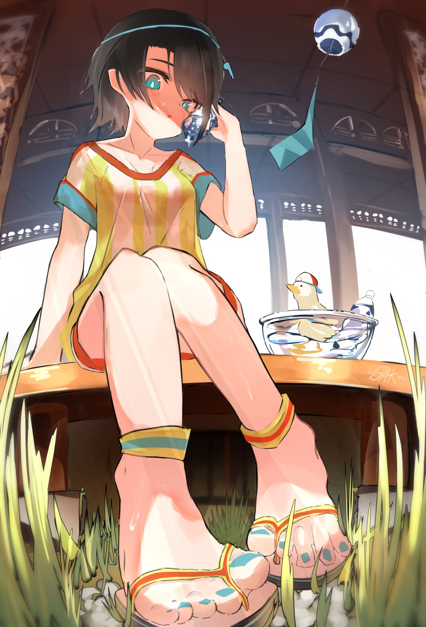 1girl, absurdres, aqua_eyes, barefoot, baseball_cap, bird, blue_nails, bottle