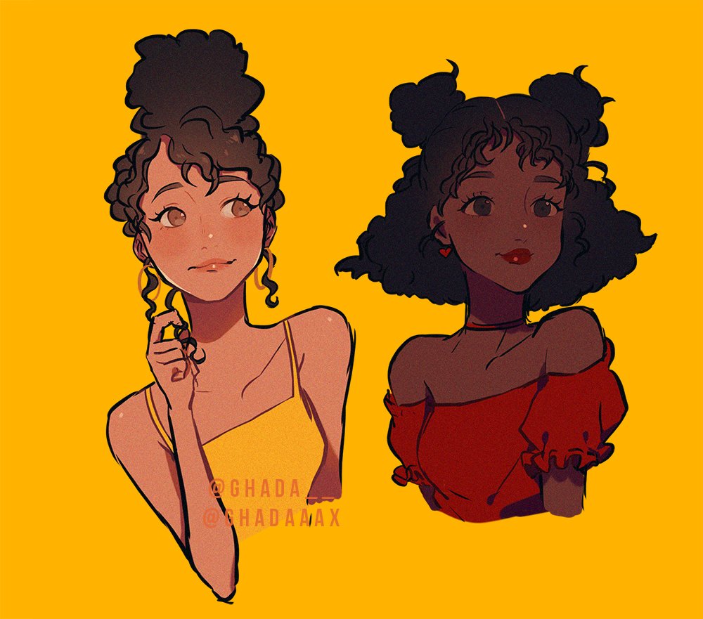 2girls, artist_name, black_hair, brown_hair, camisole, choker, curly_hair, dark-skinned_female, dark_skin, earrings, frilled_skirt, frills, ghadaaax, hair_bun, hand_in_own_hair, heart, heart_earrings, hoop_earrings, jewelry, looking_afar, multiple_girls, off_shoulder, original, red_choker, red_lips, shiny_lips, skirt, smile, twitter_username, very_dark_skin, yellow_background, yellow_camisole