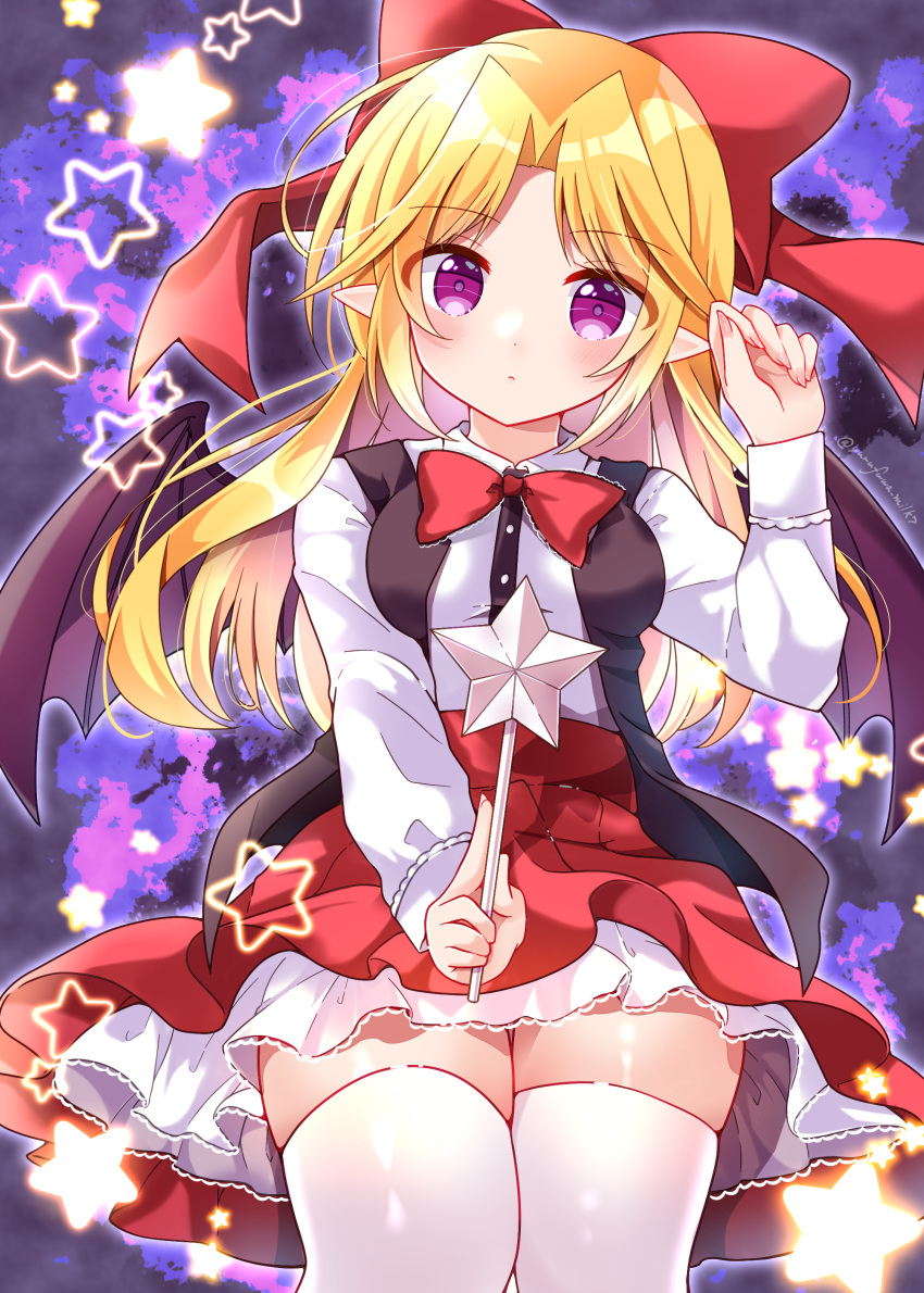 1girl, absurdres, bat_wings, black_vest, black_wings, blonde_hair, blush, bow
