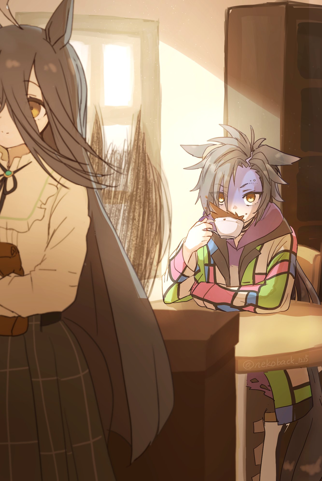 3girls, air_shakur_(umamusume), animal_ears, black_hair, brown_eyes, coffee_cup, collar, cup