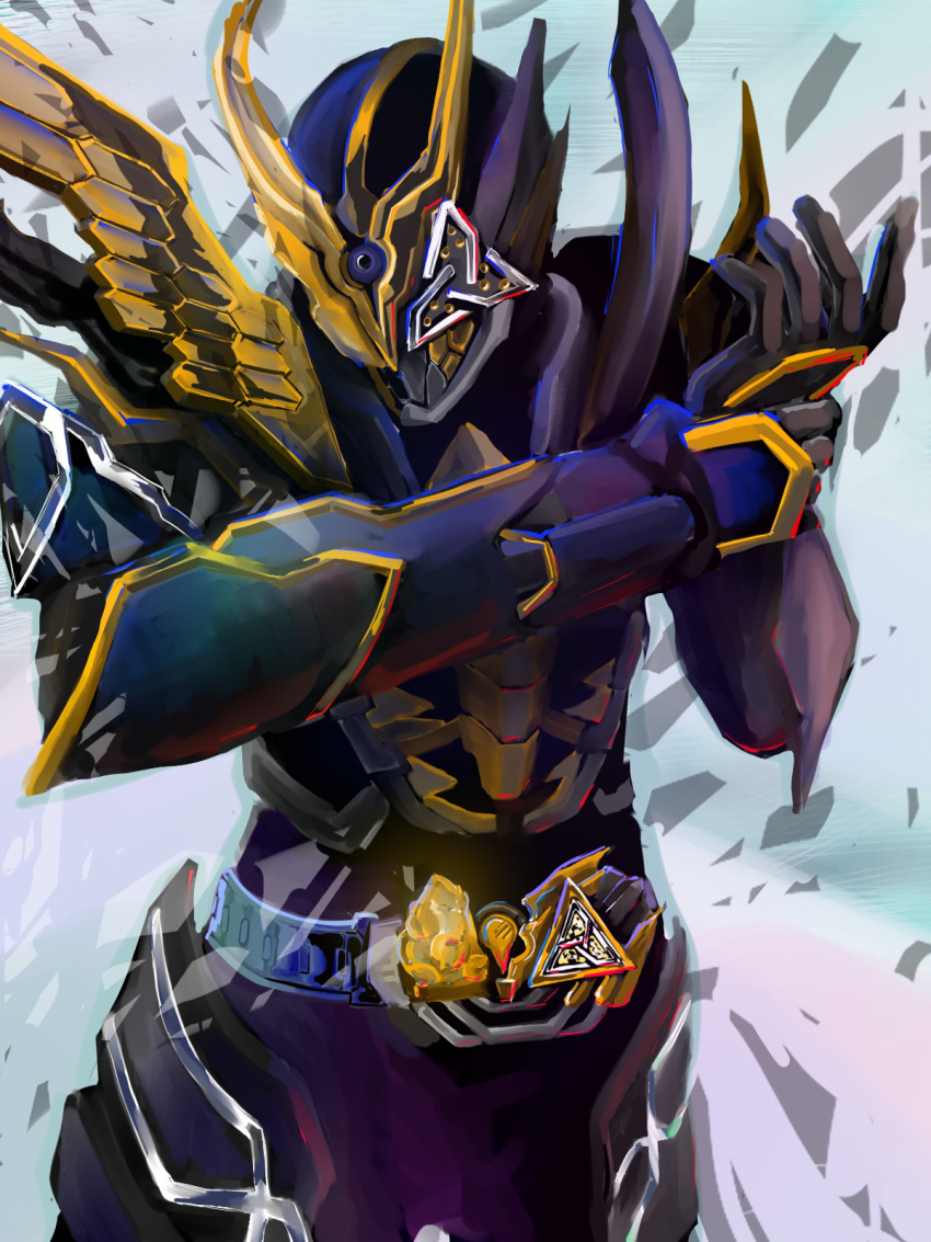 1boy, armor, asymmetrical_armor, belt, black_armor, black_bodysuit, bodysuit, commentary