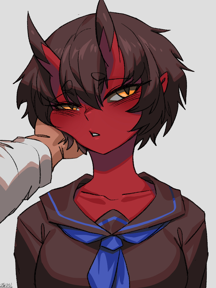 1girl, black_hair, black_sailor_collar, black_shirt, blue_neckerchief, blush, cheek_squash, colored_skin