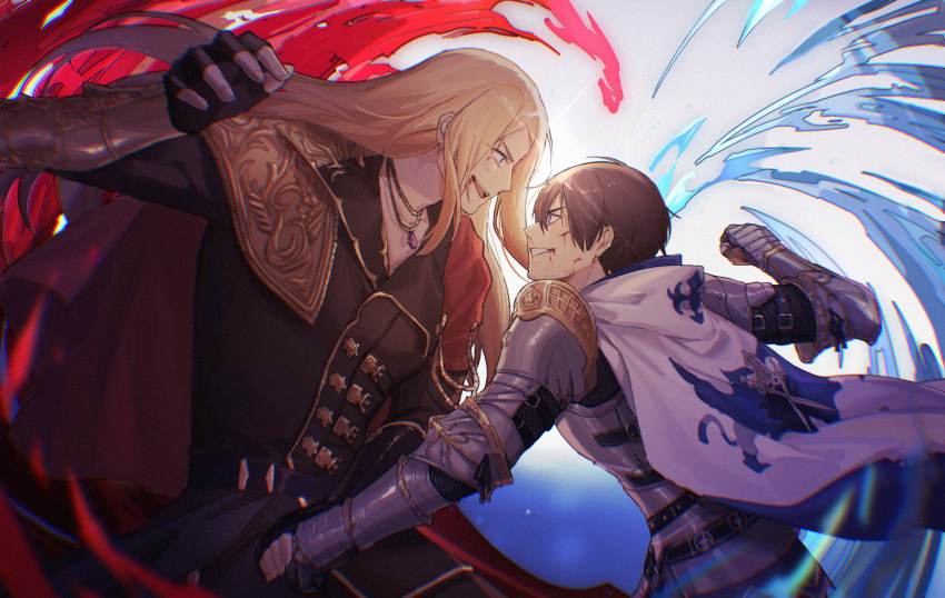 2boys, adventurer_(ff14), arm_belt, armor, bangs, black_coat, black_gloves, bleeding