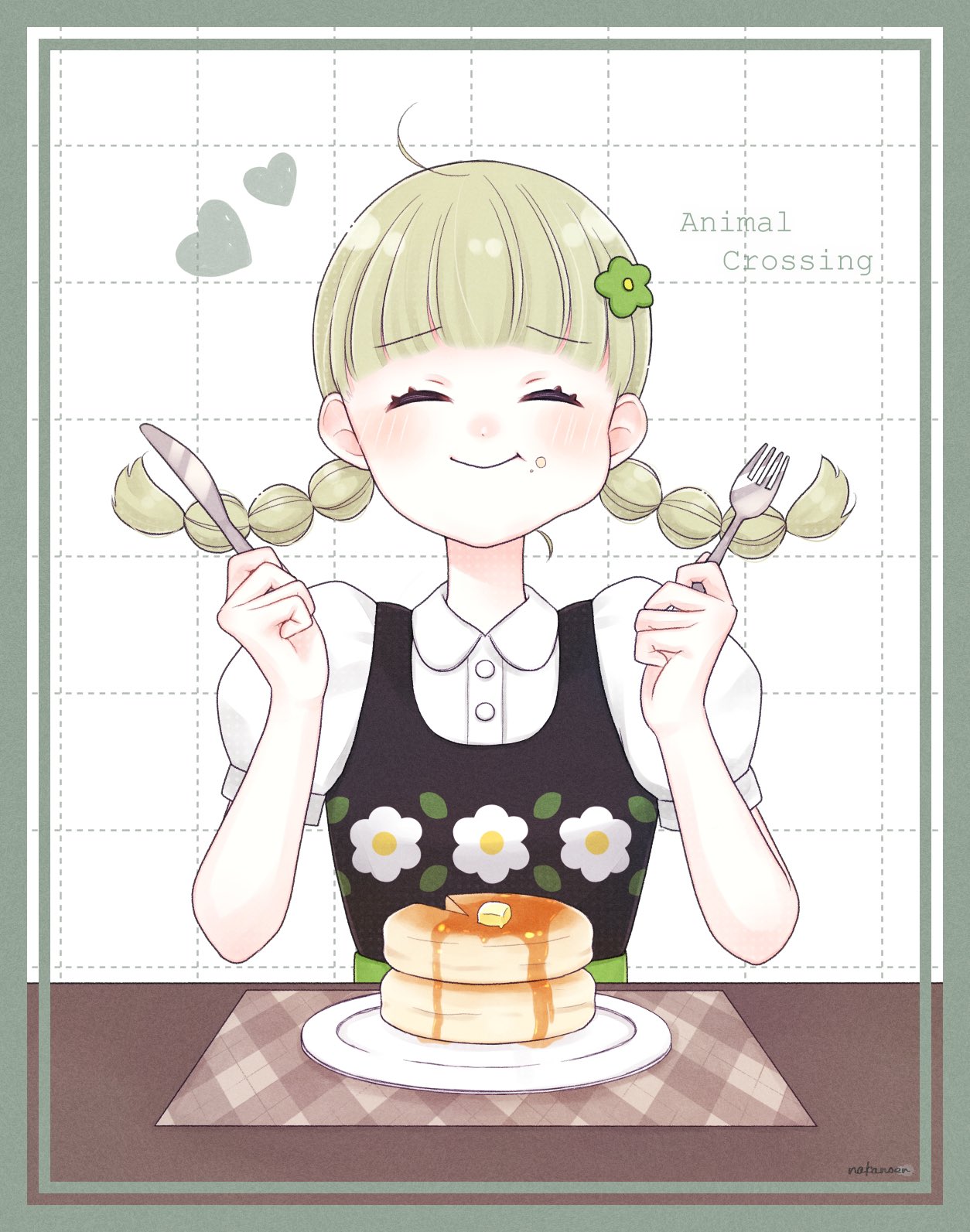 1girl, animal_crossing, bangs, blunt_bangs, blush, braid, butter, chewing