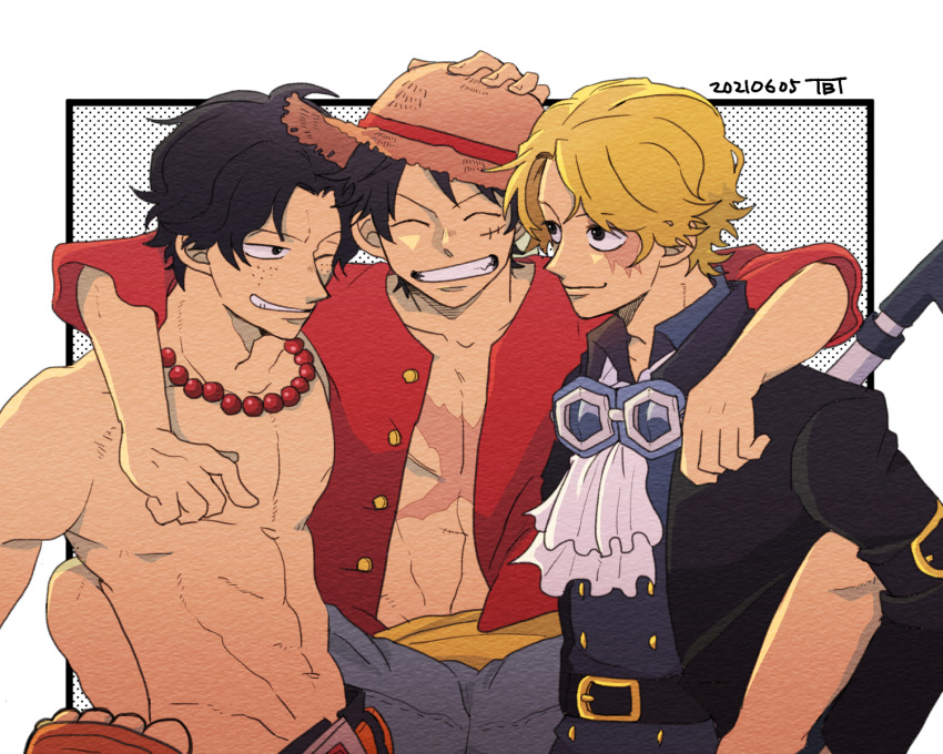3boys, ;), ^_^, arm_over_shoulder, artist_name, ascot, bead_necklace, beads