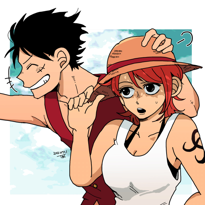 1boy, 1girl, ^_^, arm_tattoo, artist_name, black_hair, closed_eyes, grin, hand_on_another's_head, hand_on_headwear, hat, highres, monkey_d._luffy, nami_(one_piece), one_piece, orange_hair, outdoors, scar, scar_on_face, short_hair, sky, sleeveless, smile, straw_hat, sweat, tank_top, tattoo, tbt, white_tank_top