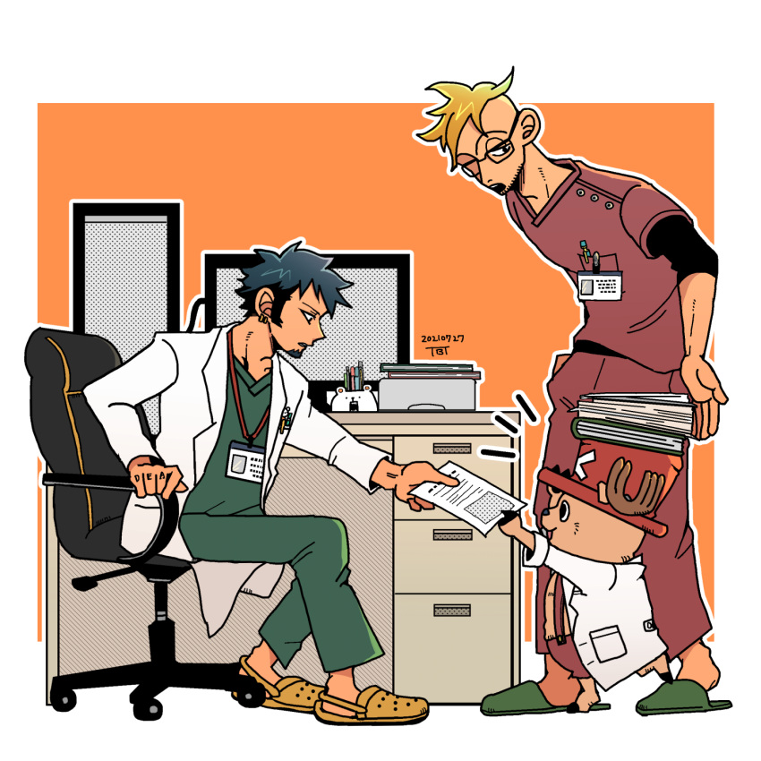 3boys, animal, antlers, antlers_through_headwear, blonde_hair, book, book_on_head, chair