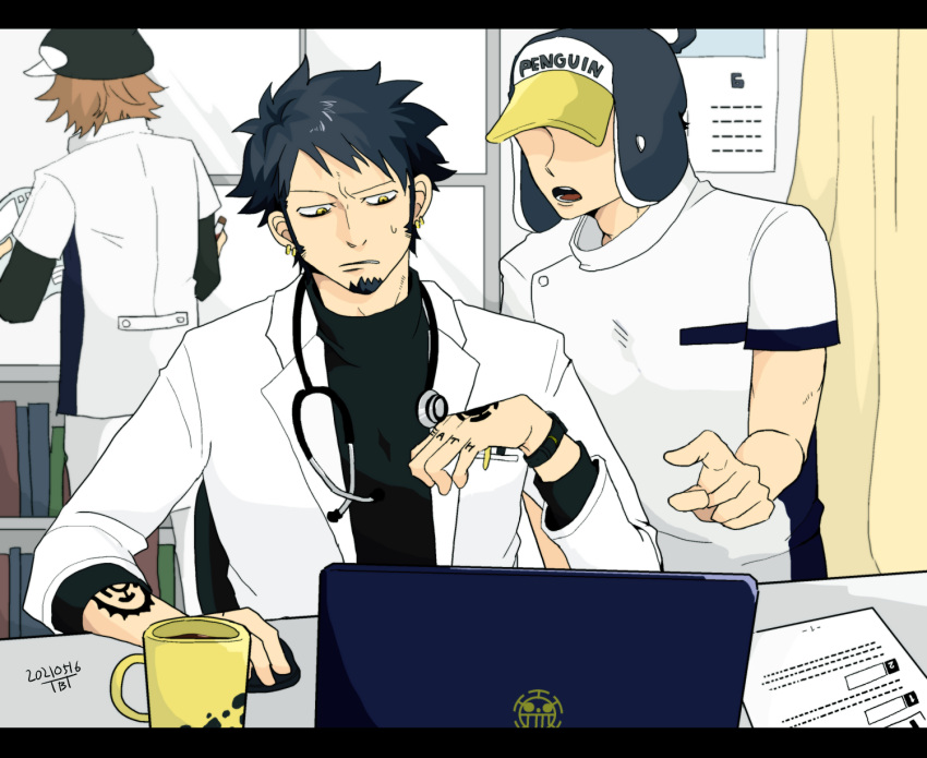 3boys, black_hair, black_shirt, bookshelf, brown_hair, calendar_(object), coat, computer