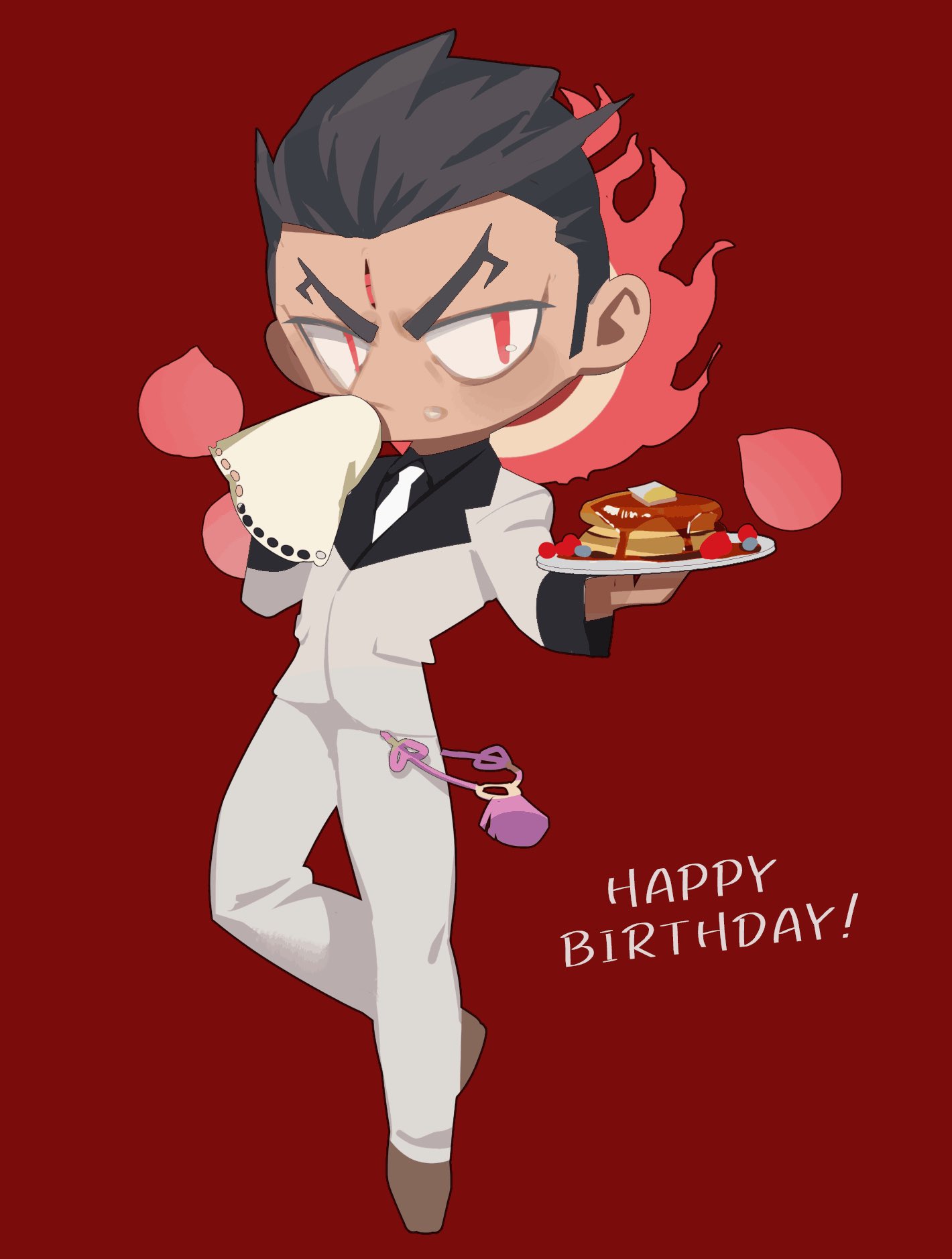 1boy, aizen_(housamo), black_hair, deformed, english_text, facial_mark, food, forehead_mark, formal, full_body, gift_art, halo, handkerchief, happy_birthday, highres, male_focus, pancake, pants, red_background, red_eyes, sideburns, solo, suit, tassel, tokyo_afterschool_summoners, tyou, white_pants, white_suit, wiping_mouth