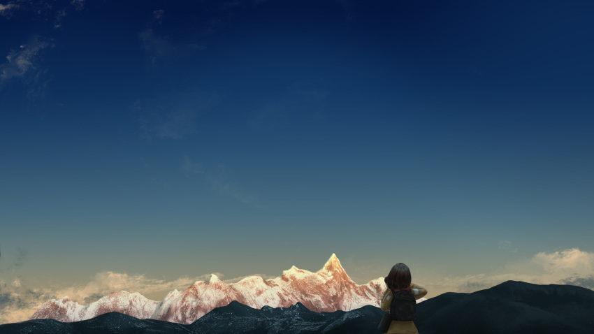 1girl, absurdres, alternate_costume, backpack, bag, black_bag, black_hair, blue_sky, camera, clouds, commentary_request, contemporary, fasnakegod, from_behind, gradient_sky, highres, holding, holding_camera, jacket, landscape, long_sleeves, medium_hair, mountain, mountainous_horizon, no_headwear, red_scarf, scarf, scenery, shameimaru_aya, sky, solo, touhou, wide_shot, yellow_jacket, yellow_sky