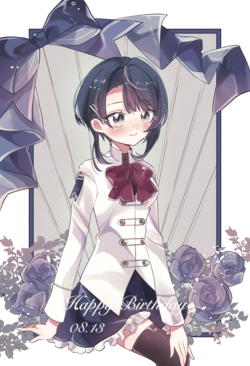 1girl, aizawa_kazuha, arm_at_side, assault_lily, asymmetrical_hair, bangs, black_shirt, black_thighhighs