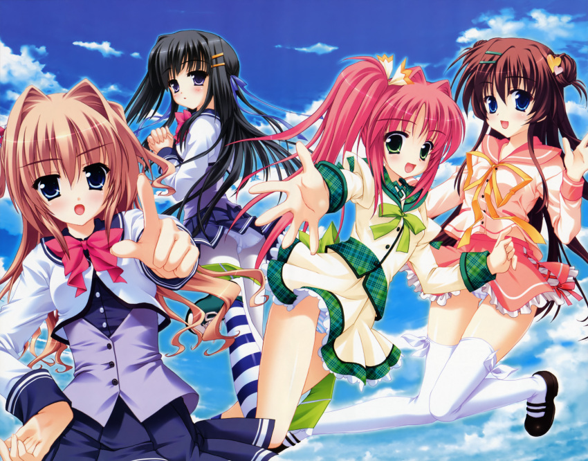 4girls, :d, :o, black_hair, blue_eyes, blue_skirt, blush, brown_hair