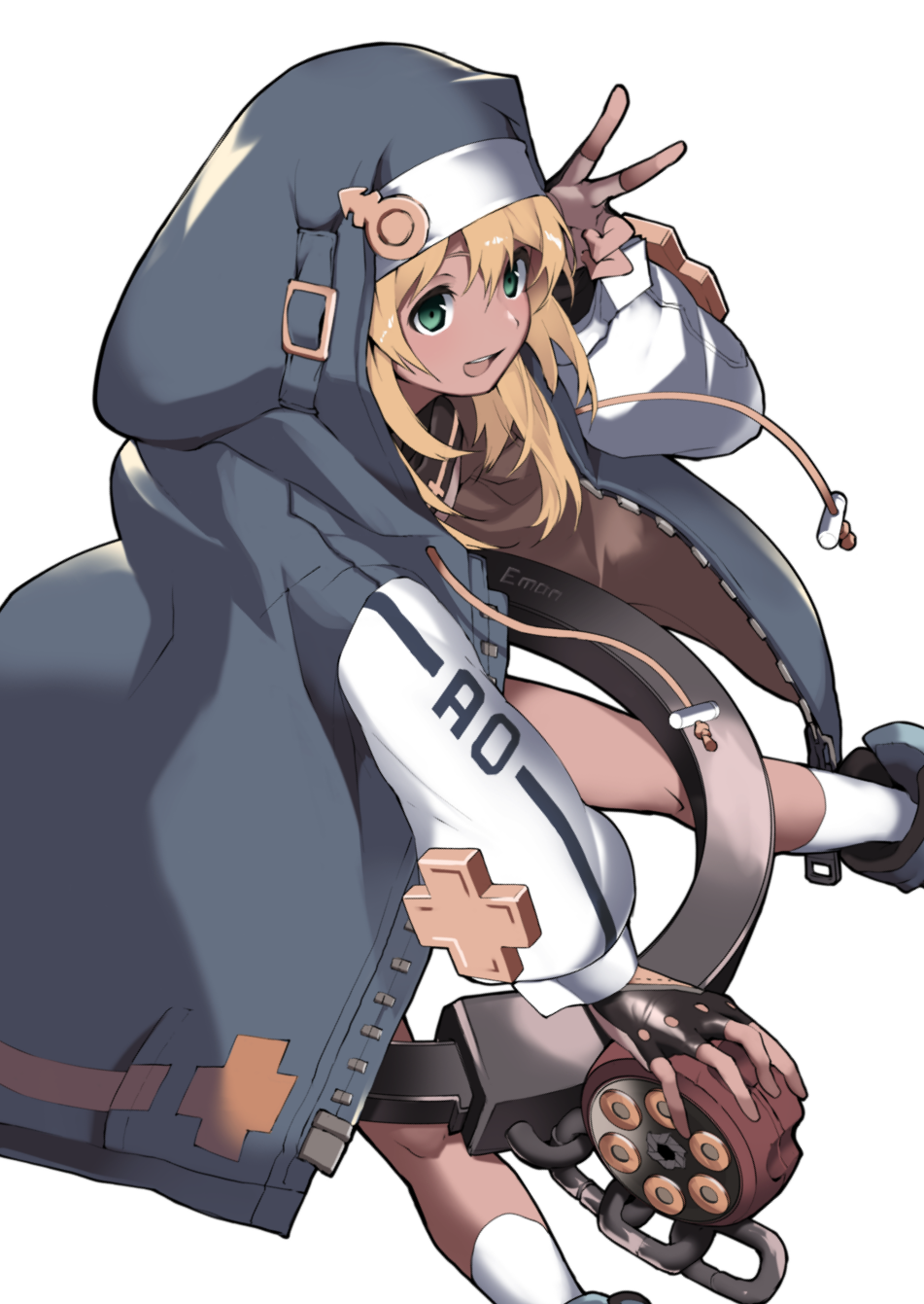 1girl, androgyne_symbol, black_gloves, blonde_hair, blue_jacket, bridget_(guilty_gear), cross, cuffs