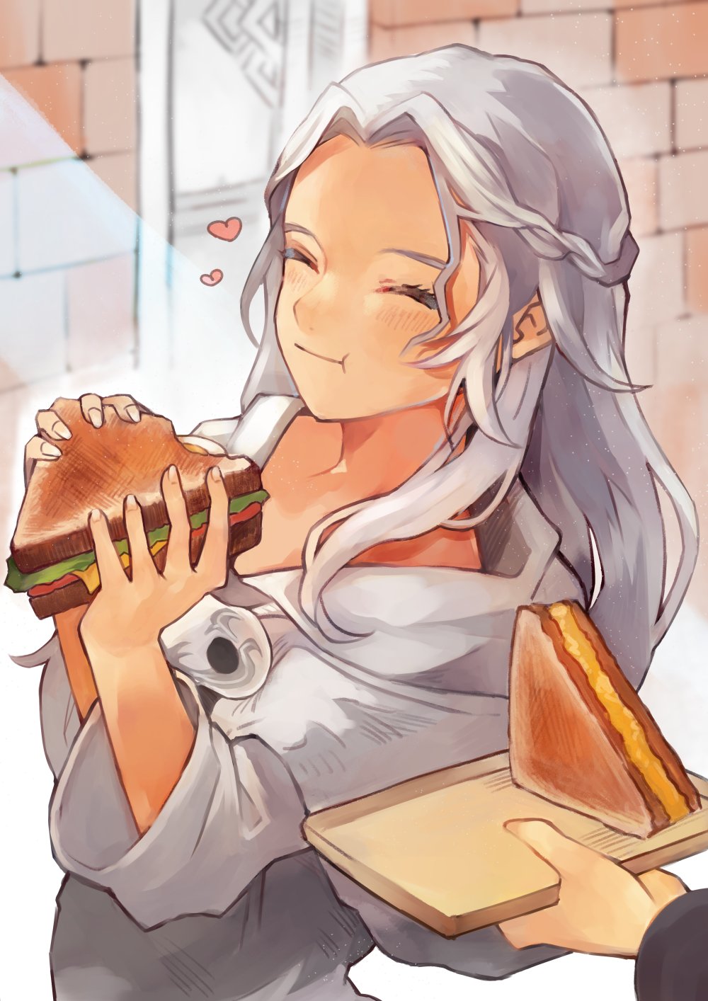 1girl, :t, ^_^, braid, brick_wall, chewing, closed_eyes, eating