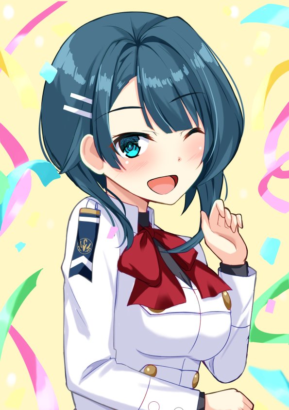 1girl, ;d, aizawa_kazuha, assault_lily, asymmetrical_hair, bangs, black_shirt, blue_eyes