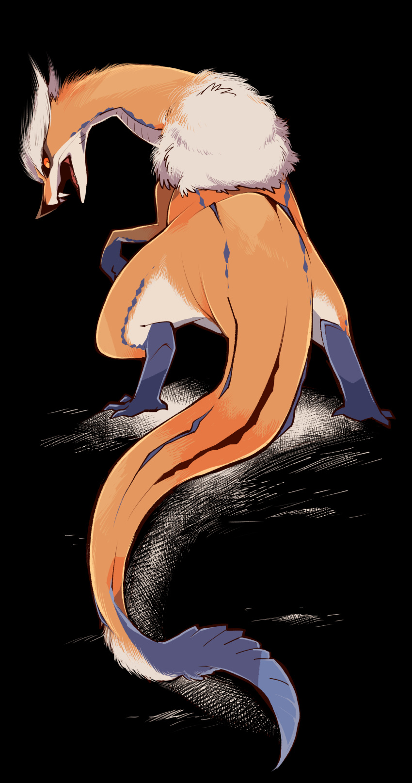 absurdres, animal_focus, black_background, black_sclera, body_fur, colored_sclera, commentary, dragon, fangs, from_behind, full_body, great_izuchi, highres, ikuchi_osutega, looking_at_viewer, looking_back, monster_hunter_(series), monster_hunter_rise, no_humans, open_mouth, orange_eyes, simple_background, slit_pupils, solo, standing, tail, white_fur