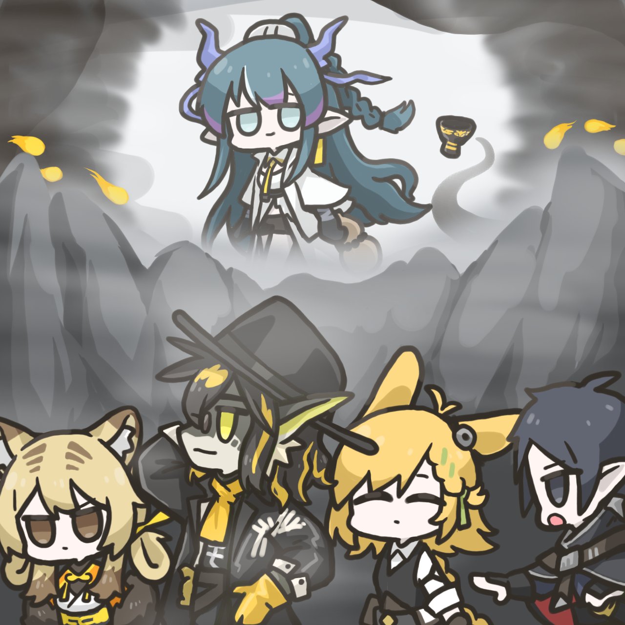 2boys, 3girls, animal_ears, arknights, bangs, black_hair, black_headwear, black_vest, blonde_hair, braid, chalice, chibi, closed_eyes, coat, collared_shirt, commentary_request, cowboy_shot, dress, du_yaoye_(arknights), fedora, feet_out_of_frame, gloves, hat, highres, kroos_(arknights), kroos_the_keen_glint_(arknights), lee_(arknights), ling_(arknights), long_hair, long_sleeves, multiple_boys, multiple_girls, open_clothes, open_mouth, rabbit_ears, rihi_ewokakune, shirt, standing, tiger_ears, tiger_girl, vest, white_shirt, yellow_eyes, yellow_gloves, zuo_le