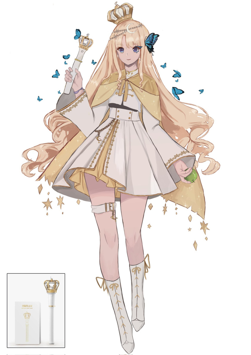 1girl, apple, blonde_hair, blue_eyes, boots, bug, butterfly, cape, crown, dress, food, fruit, full_body, green_apple, highres, ish_(limeariee), light_stick, long_hair, long_sleeves, loona_(group), personification, reference_inset, solo, thigh_strap, white_background, white_dress, white_footwear, wide_sleeves, yellow_cape