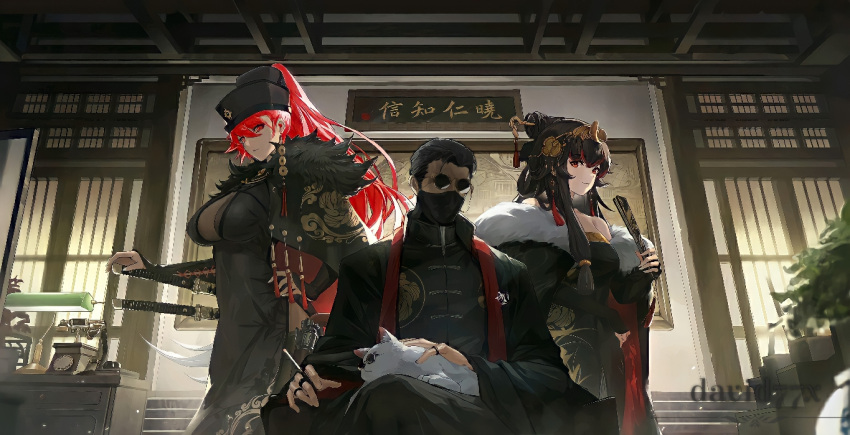 1boy, 2girls, animal_ears, antique_telephone, artist_name, black_dress, cat_ears, cigar, coat, commander_(punishing:_gray_raven), david77x, desk_lamp, dress, earrings, glasses, gun, hands_on_hips, jewelry, katana, lamp, long_hair, lucia_(punishing:_gray_raven), mask, multicolored_hair, multiple_girls, punishing:_gray_raven, red_eyes, redhead, revolver, round_eyewear, sword, tagme, two-tone_hair, vera_(punishing:_gray_raven), weapon